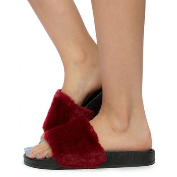Fur Slides Burgundy size 5 - Picture 3 of 8